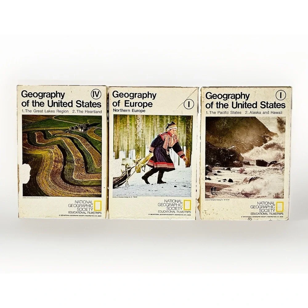 Lot 3 Vtg National Geographic Geography Filmstrips Tapes Teacher Guide Booklets